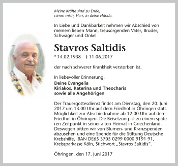 Traueranzeige von Stavros Saltidis 