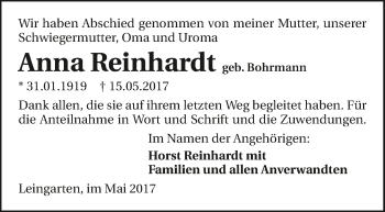 Traueranzeige von Anna Reinhardt 