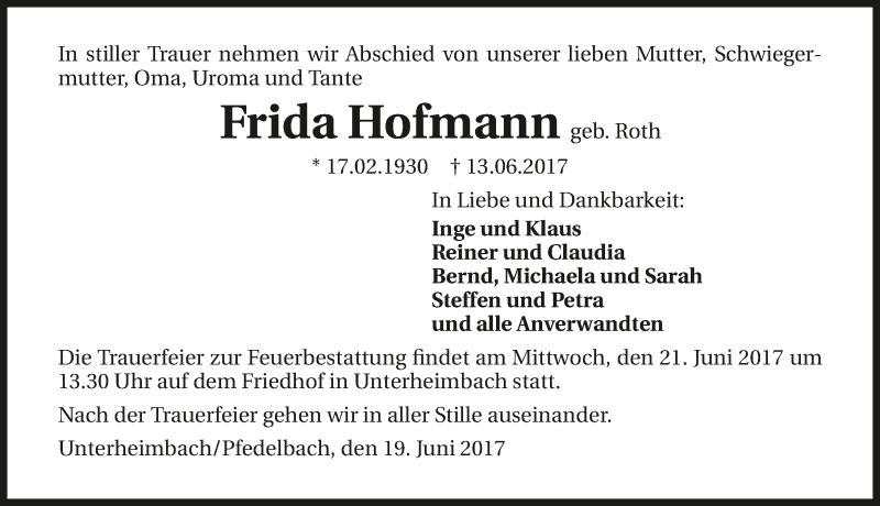  Traueranzeige für Frida Hofmann vom 19.06.2017 aus 