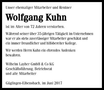 Traueranzeige von Wolfgang Kuhn 