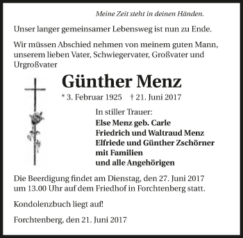 Traueranzeige von Günther Menz 
