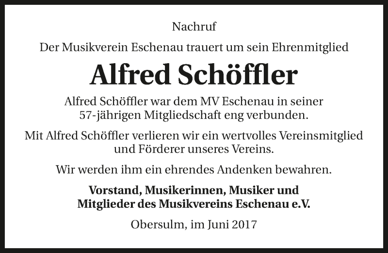  Traueranzeige für Alfred Schöffler vom 30.06.2017 aus 