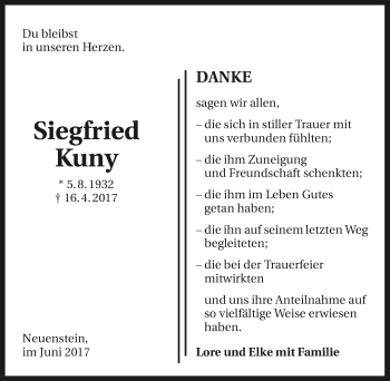 Traueranzeige von Siegfried Kuny 