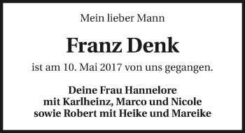 Traueranzeige von Franz Denk 