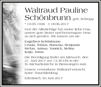 Traueranzeige von Waltraud Pauline Schönbrunn 