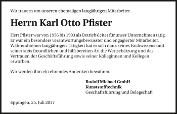 Traueranzeige von Karl Otto Pfister 