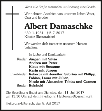 Traueranzeige von Albert Damaschke 