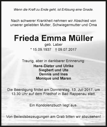 Traueranzeige von Frieda Emma Müller 