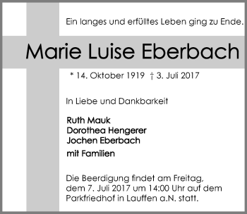 Traueranzeige von Marie-Luise Eberbach 