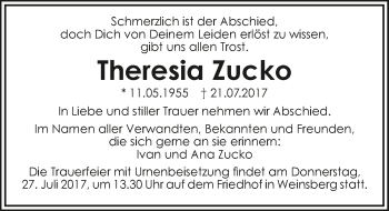 Traueranzeige von Theresia Zucko 