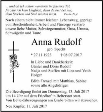 Traueranzeige von Anna Rudolf 