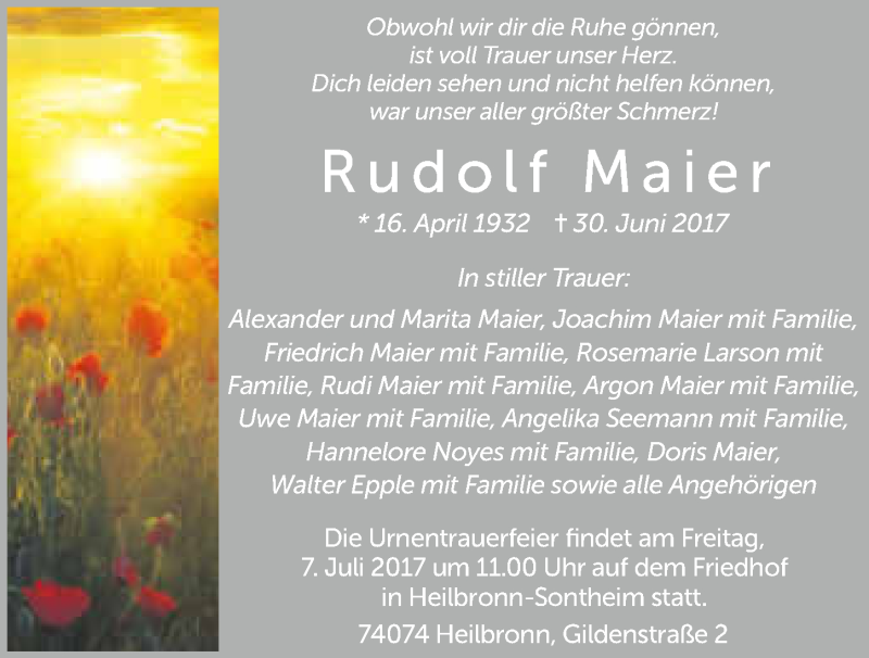  Traueranzeige für Rudolf Maier vom 04.07.2017 aus 