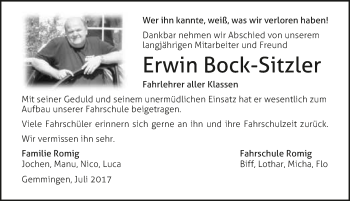 Traueranzeige von Erwin Bock-Sitzler 