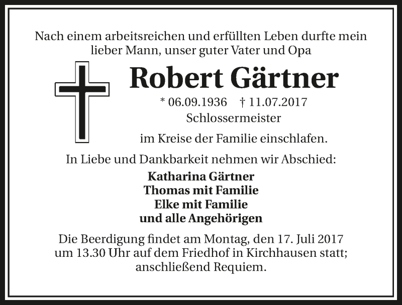  Traueranzeige für Robert Gärtner vom 15.07.2017 aus 