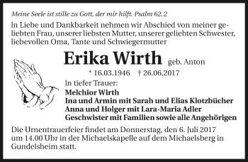 Traueranzeige von Erika Wirth 