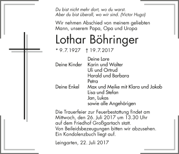 Traueranzeige von Lothar Böhringer 