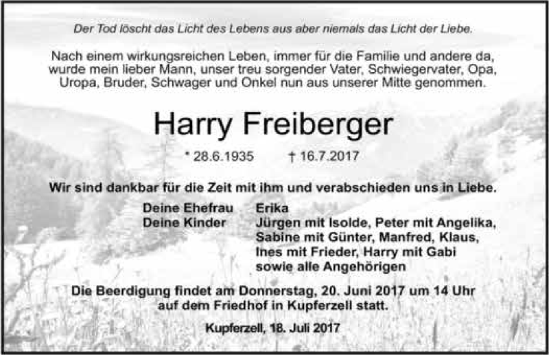  Traueranzeige für Harry Freiberger vom 18.07.2017 aus 