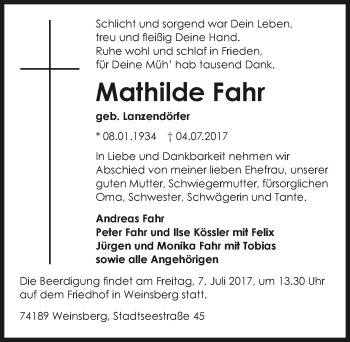 Traueranzeige von Mathilde Fahr 