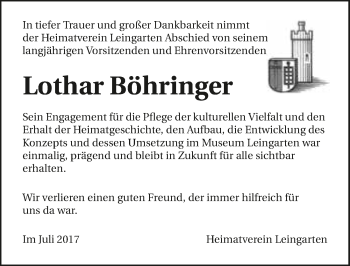 Traueranzeige von Lothar Böhringer 