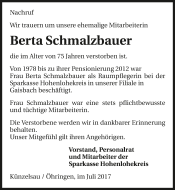 Traueranzeige von Berta Schmalzbauer 