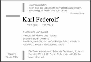 Traueranzeige von Karl Federolf 