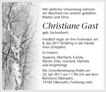 Traueranzeige von Christiane Gast 