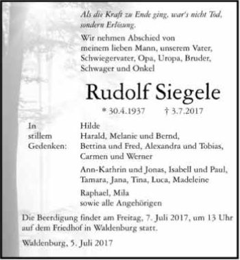 Traueranzeige von Rudolf Siegele 