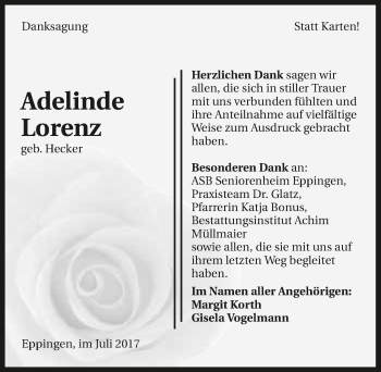 Traueranzeige von Adelinde Lorenz 