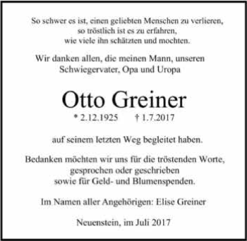 Traueranzeige von Otto Greiner 