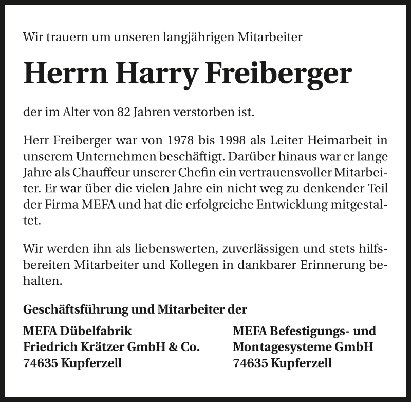  Traueranzeige für Harry Freiberger vom 19.07.2017 aus 