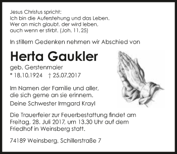 Traueranzeige von Herta Gaukler 