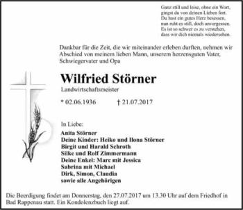 Traueranzeige von Wilfried Störner 