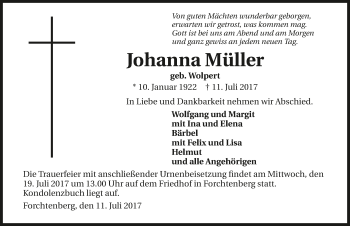 Traueranzeige von Johanna Müller 
