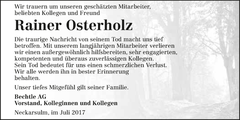  Traueranzeige für Rainer Osterholz vom 26.07.2017 aus 