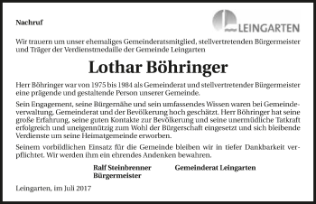 Traueranzeige von Lothar Böhringer 