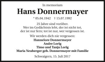 Traueranzeige von Hans Donnermayer 