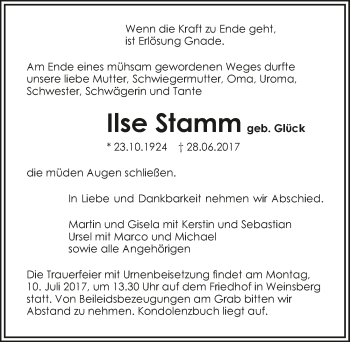 Traueranzeige von Ilse Stamm 