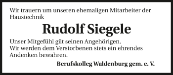 Traueranzeige von Rudolf Siegele 