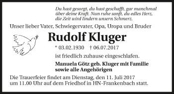 Traueranzeige von Rudolf Kluger 