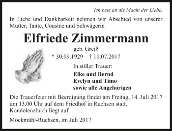 Traueranzeige von Elfriede Zimmermann 