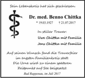 Traueranzeige von Benno Chittka 