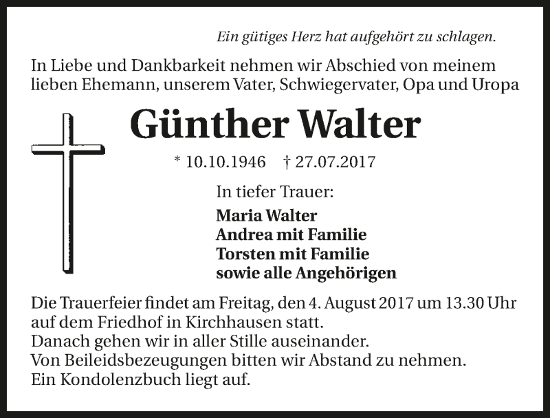  Traueranzeige für Günther Walter vom 01.08.2017 aus 