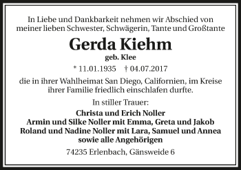 Traueranzeige von Gerda Kiehm 