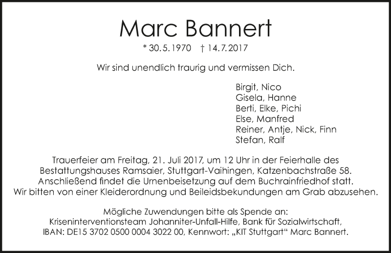  Traueranzeige für Marc Bannert vom 19.07.2017 aus 
