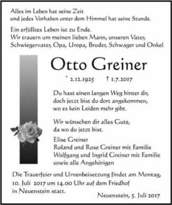 Traueranzeige von Otto Greiner 