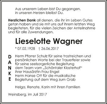 Traueranzeige von Lieselotte Wagner 