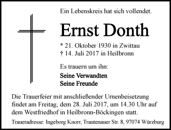 Traueranzeige von Ernst Dont 