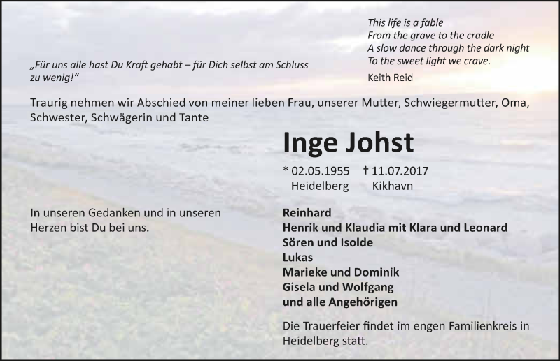  Traueranzeige für Inge Johst vom 22.07.2017 aus 