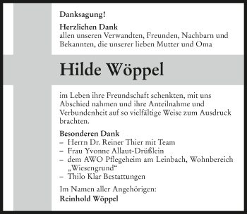 Traueranzeige von Hilde Wöppel 