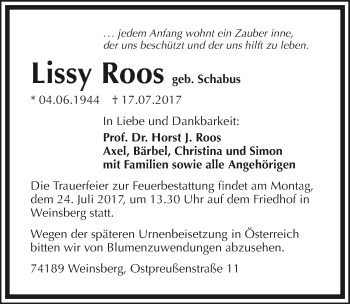 Traueranzeige von Lissy Roos 